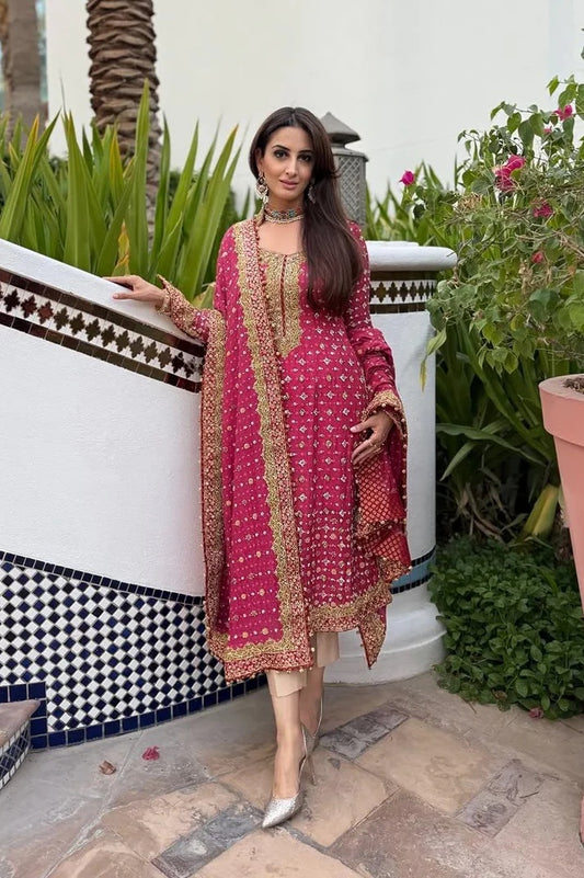 Poshkari Luxury Embroidered Chiffon Collection Shocking Pink 3PCS Suit