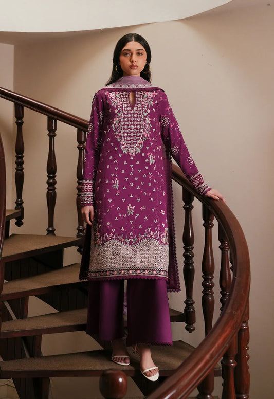 Afrozeh Luxury Lawn Embroidered 3PC Unstitched Suit-Lilac