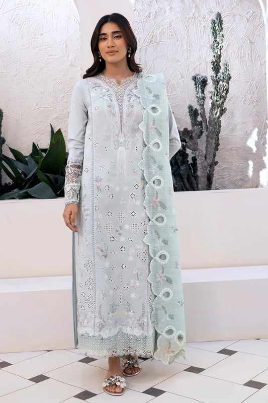 Qalamkar Luxury Lawn ChikenKari Embroidered 3 Pc Unstitched Sky Blue