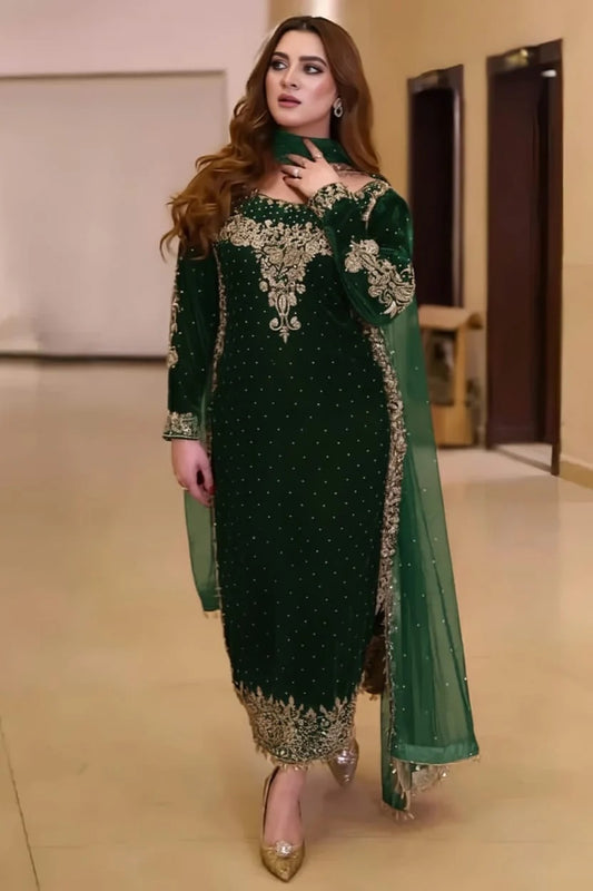 Poshkari Luxury Velvet Embroidered Collection Bottle Green