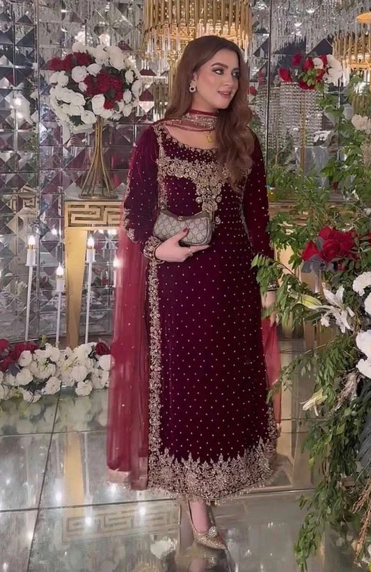 Aneelas Luxury Velvet Embroidered Collection Maroon Majesty Unstitched 3pcs