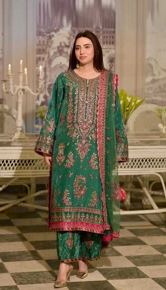 Aneela’s Bottle Green Sequence Embroidered Lawn Unstitched 3Pc Suit