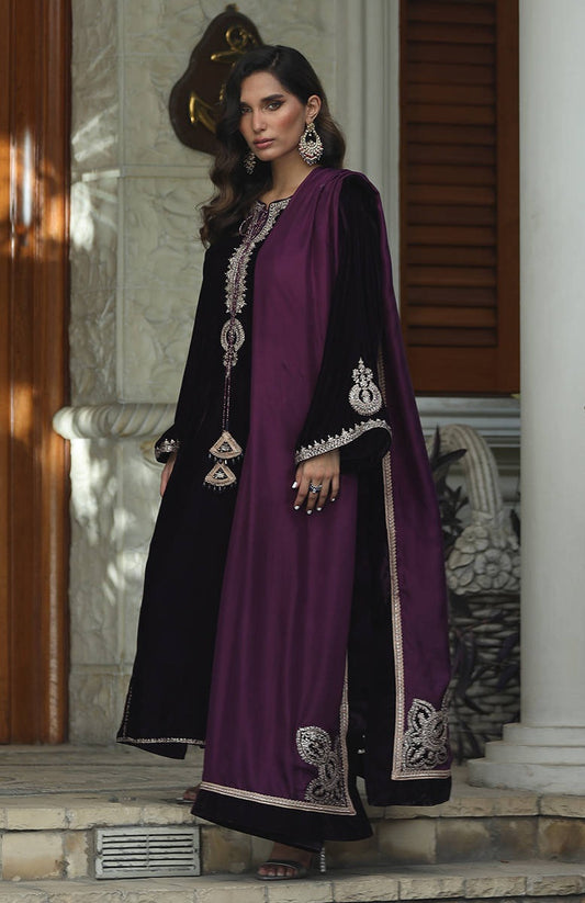 Farida Hassan - Plum Tribal - Luxury Velvet Embroidered 3 Piece Unstitched