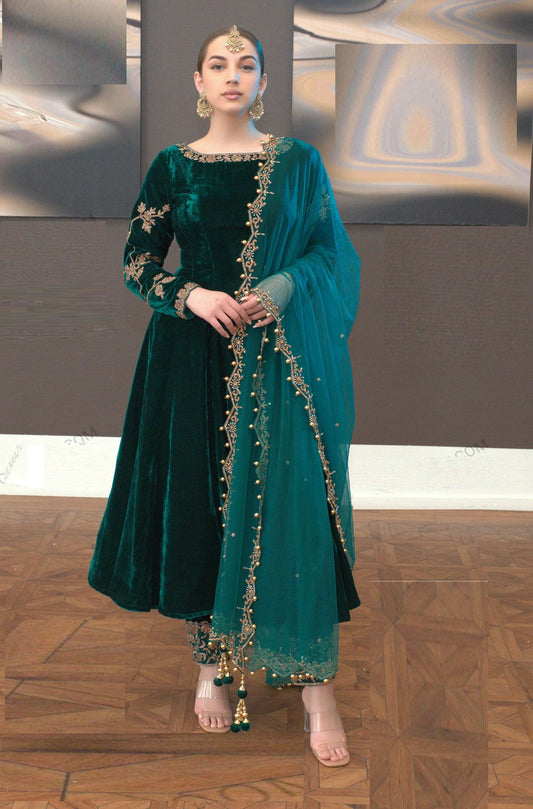 Zafira - Green Velvet Anarkali Suit Unstitched Winter Collection