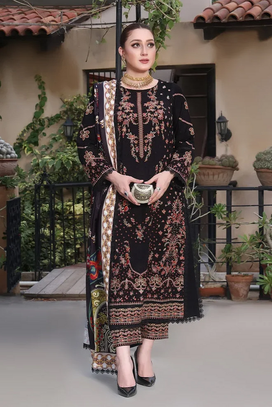 Aneelas -Luxury Lawn Embroidered Unstitched 3Pcs- Jet Black