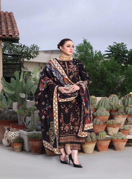Aneelas -Luxury Lawn Embroidered Unstitched 3Pcs- Jet Black