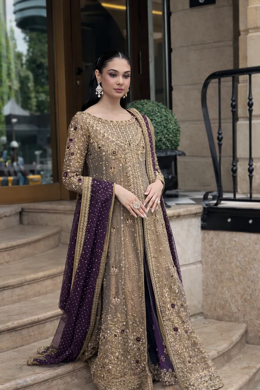 Haris Shakeel Luxury Formals Hand Embellished Addawork Wedding Collection-Tobbaco & Purple