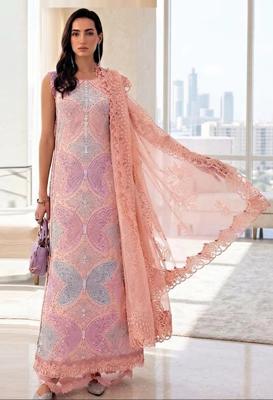 Maria B Luxury Lawn Embroidered Unstitched 3PC Suit Butterfly Pink