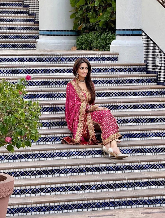 Poshkari Luxury Embroidered Chiffon Collection Shocking Pink 3PCS Suit