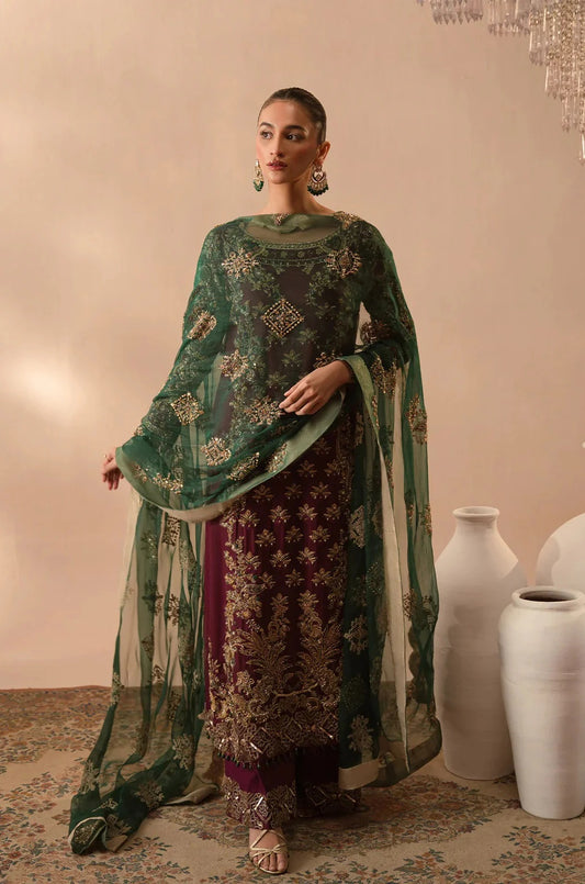 Abeera Usman Raw Silk Handwork Embroidered 3 Pcs Unstitched Burgundy Dusk