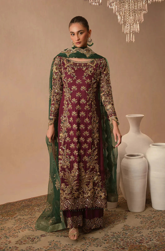 Abeera Usman Raw Silk Handwork Embroidered 3 Pcs Unstitched Burgundy Dusk