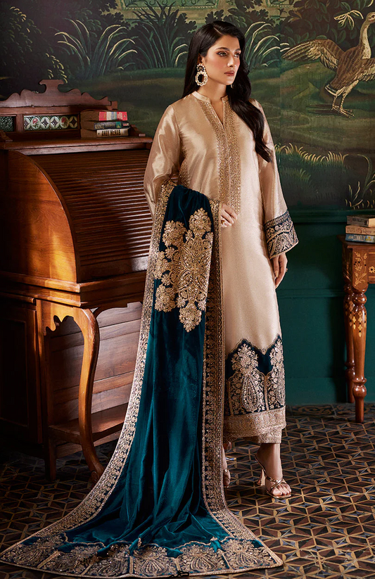 Zainab Chottani Skin Formal Brocade Tissue With 9000 MICRO VELVET SHAWL 3 PC - 09866