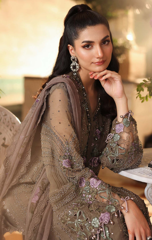 Maria B Luxury Pure Chiffon Embroidered Unstitched 3PC Suit MPC-26-102-Muted Mocha Brown