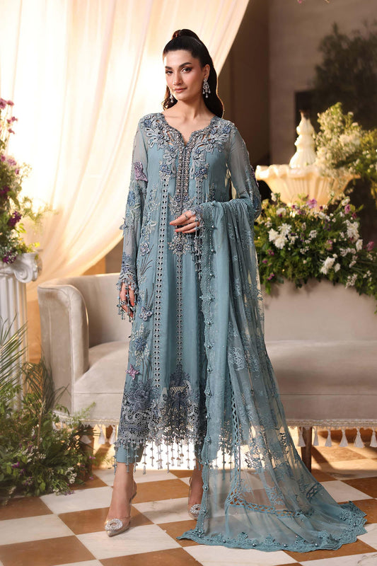 Maria B Luxury Embroidered Chiffon 3Pc Unstitched Suit MPC-26-106-Slate Blue