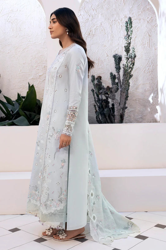 Qalamkar Luxury Lawn ChikenKari Embroidered 3 Pc Unstitched Sky Blue