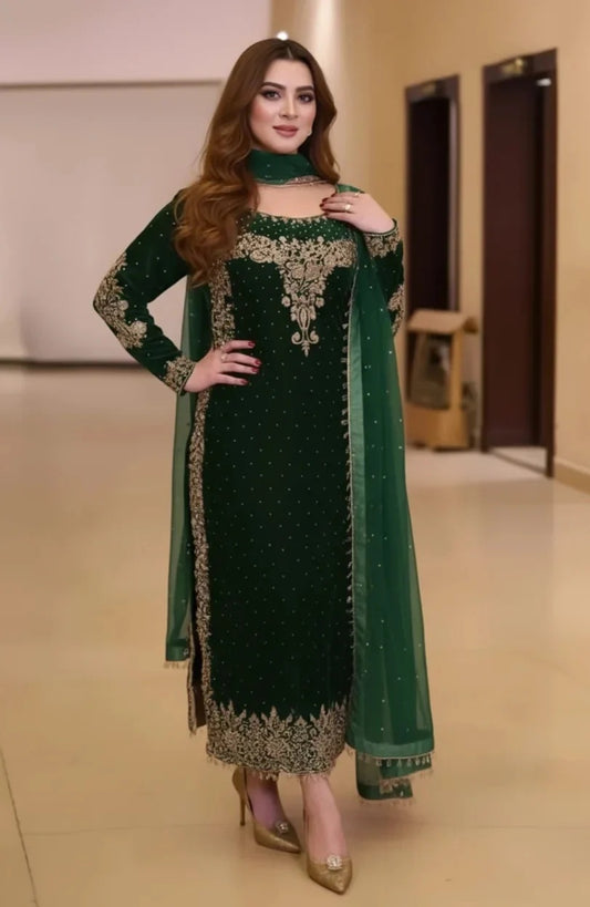 Poshkari Luxury Velvet Embroidered Collection Bottle Green