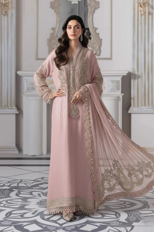 Maria.B Luxury Pure Chiffon Embroidered Unstitched-BD-3005 Baby Pink 3PCS