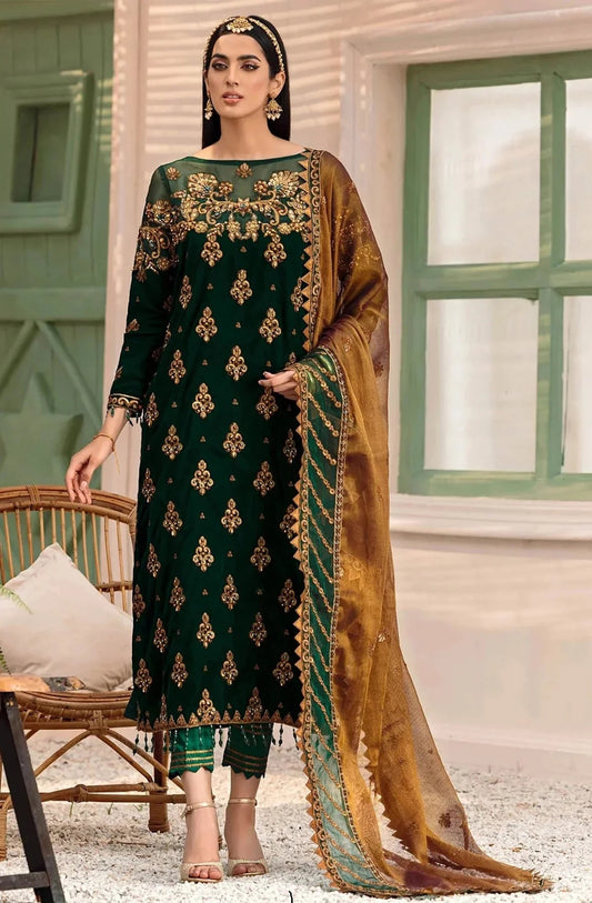 Emaan Adeel Makhmal Unstitched Luxury Velvet 3Pc Embroidered Suit MK-305 Green