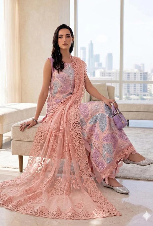 Maria B Luxury Lawn Embroidered Unstitched 3PC Suit Butterfly Pink