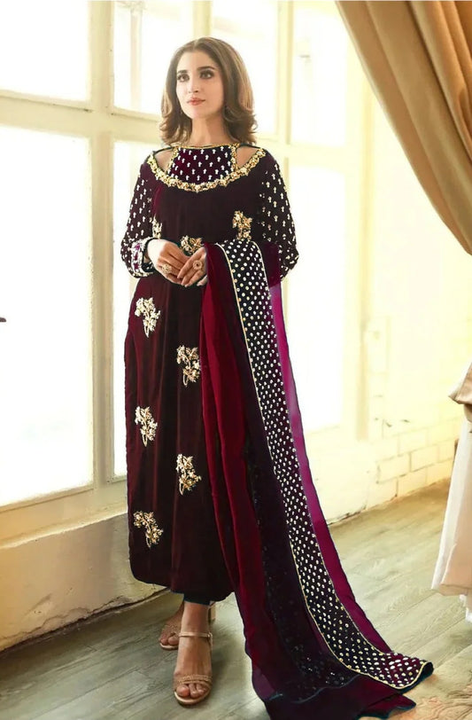 Afrozeh Luxury Formals Velvet Collection 3 Pieces Unstitched MAROON Gold