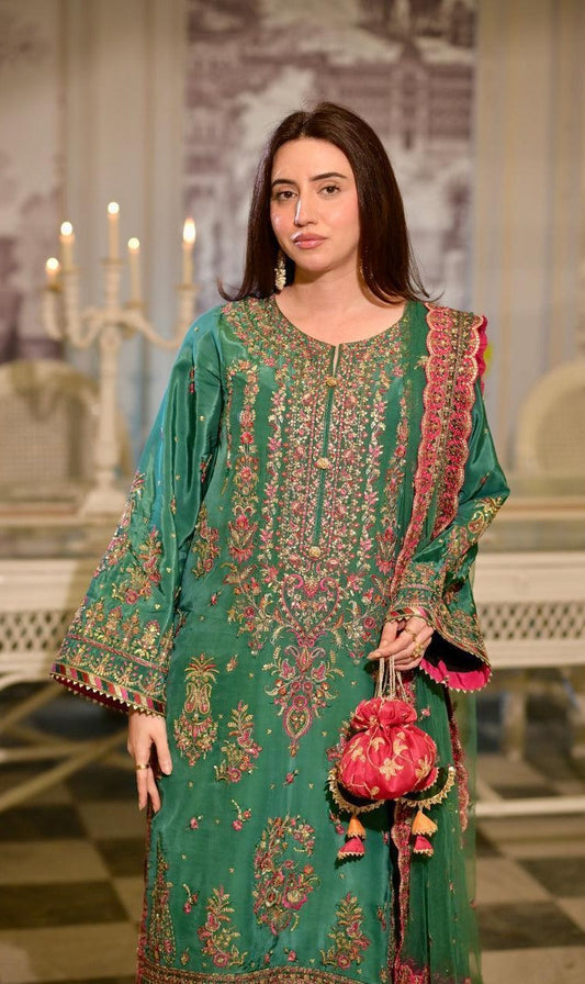 Aneela’s Bottle Green Sequence Embroidered Lawn Unstitched 3Pc Suit