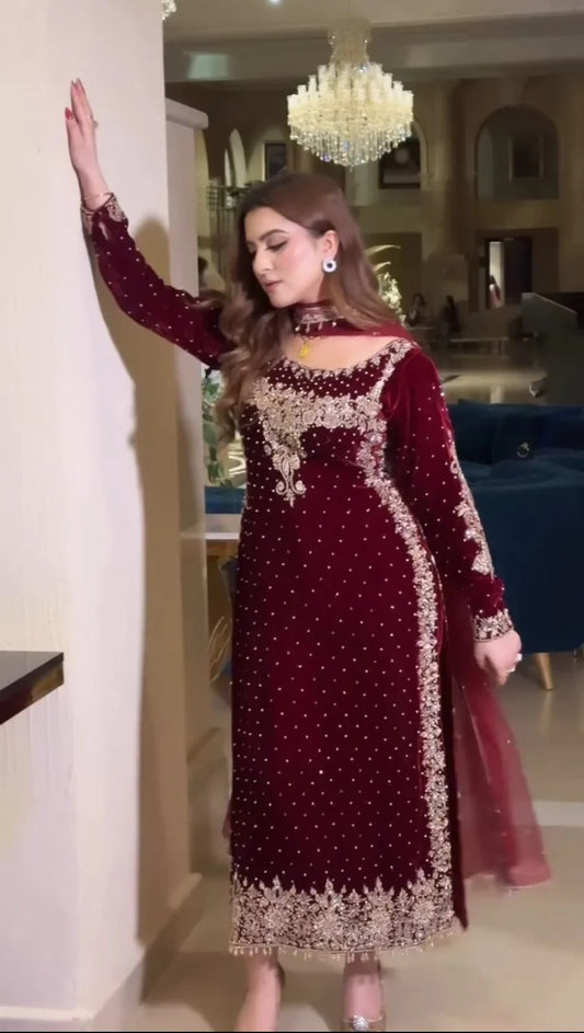Aneelas Luxury Velvet Embroidered Collection Maroon Majesty Unstitched 3pcs